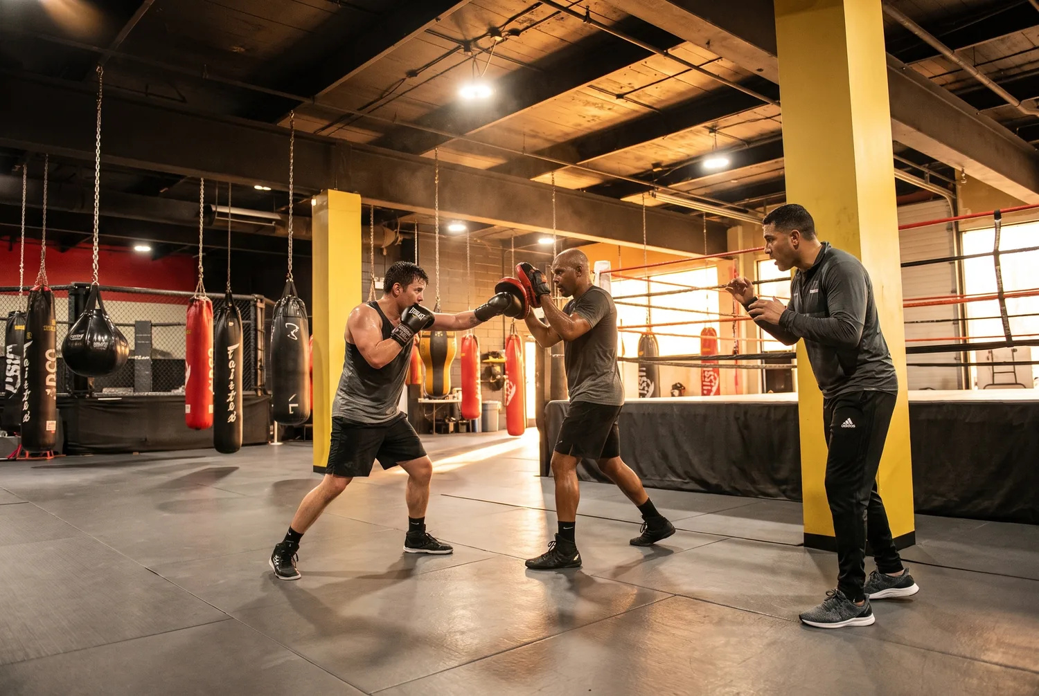 Two adult beginners doing focus-mitt pad work in the striking area at Xtreme Couture