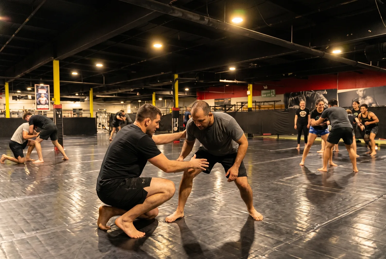 A coach giving one-on-one technical correction to an adult student at Xtreme Couture