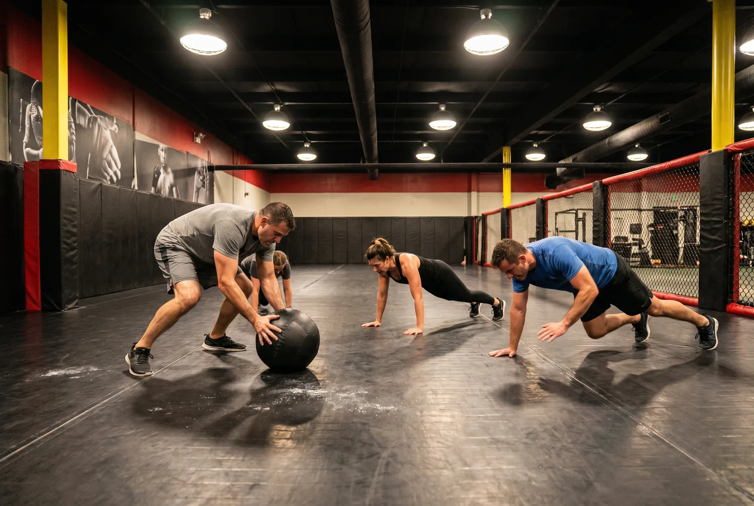 Adults doing a functional conditioning circuit with kettlebells, battle ropes and medicine balls at Xtreme Couture