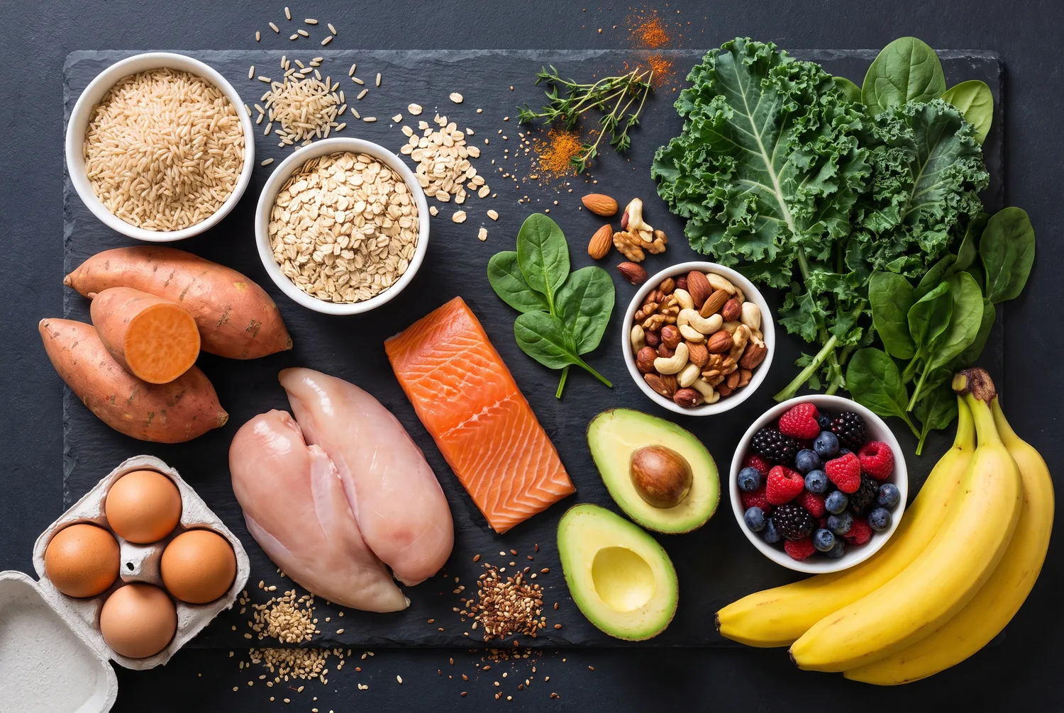 A spread of healthy whole foods — grains, lean proteins, vegetables, nuts and fruit