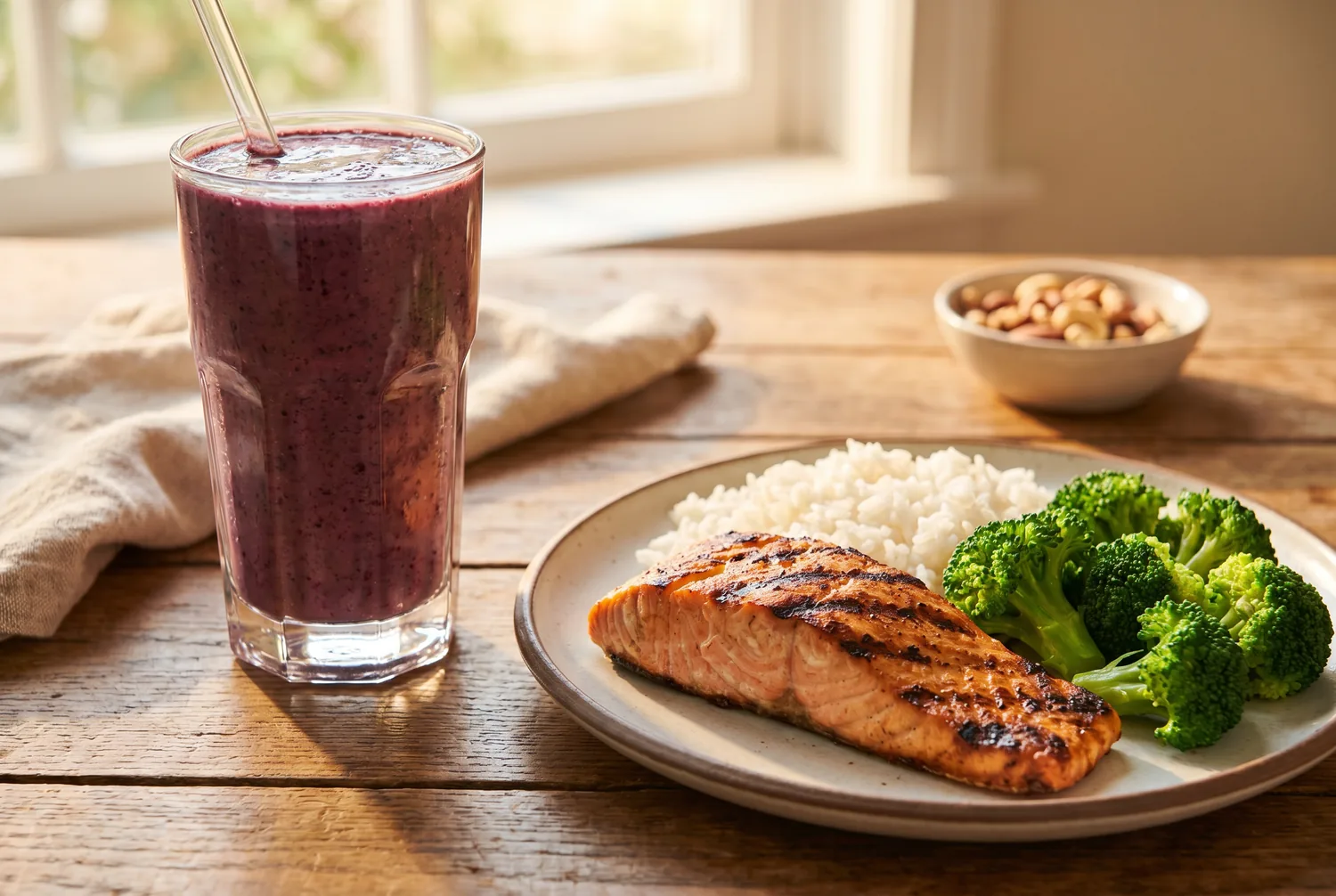 A post-workout recovery meal of grilled salmon, rice, broccoli and a berry protein smoothie