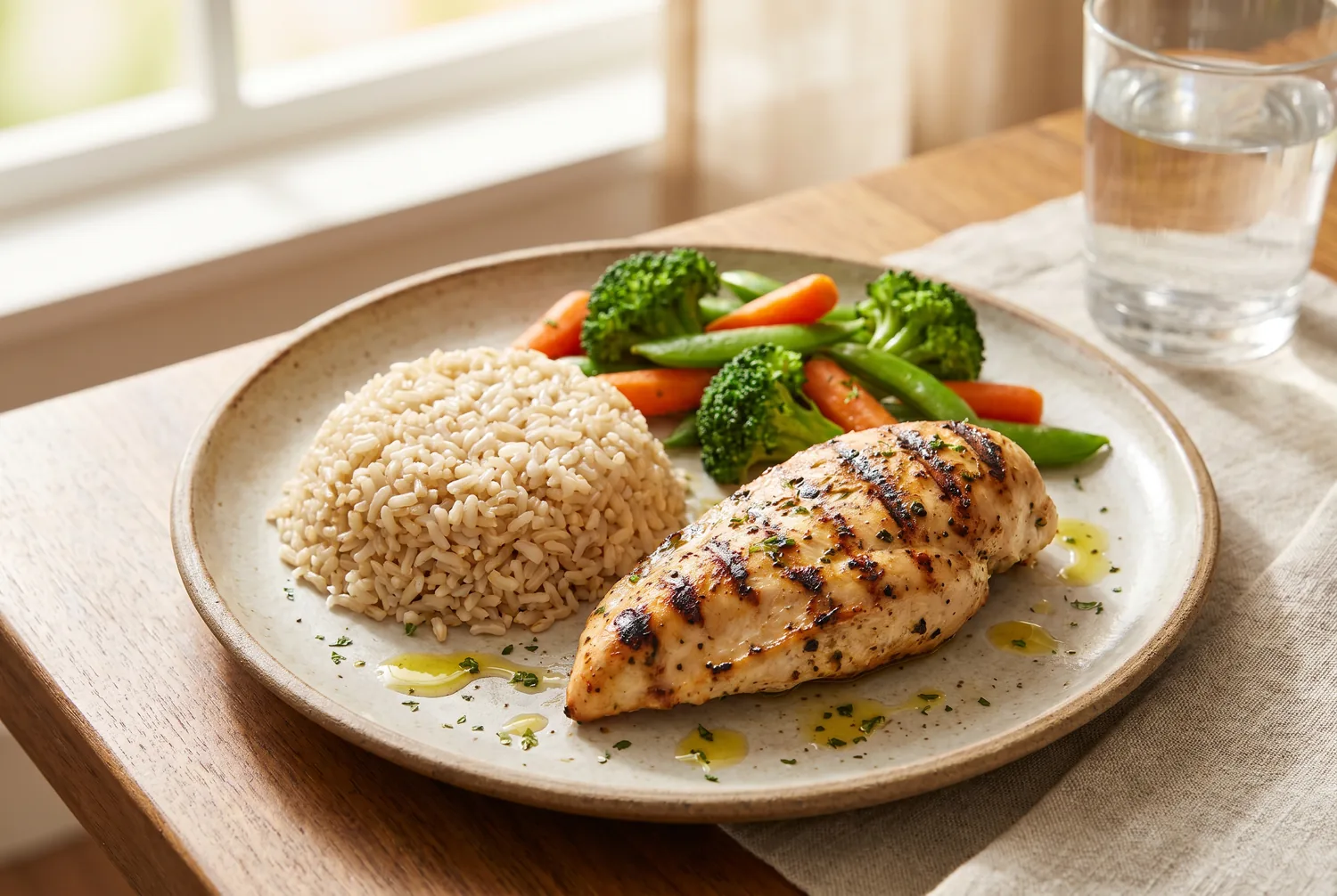 A balanced pre-training plate of grilled chicken, brown rice and vegetables